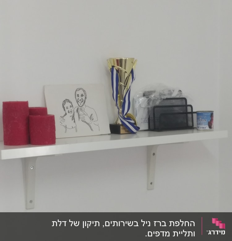מדף לבן עם תומך מתכת על קיר לבן